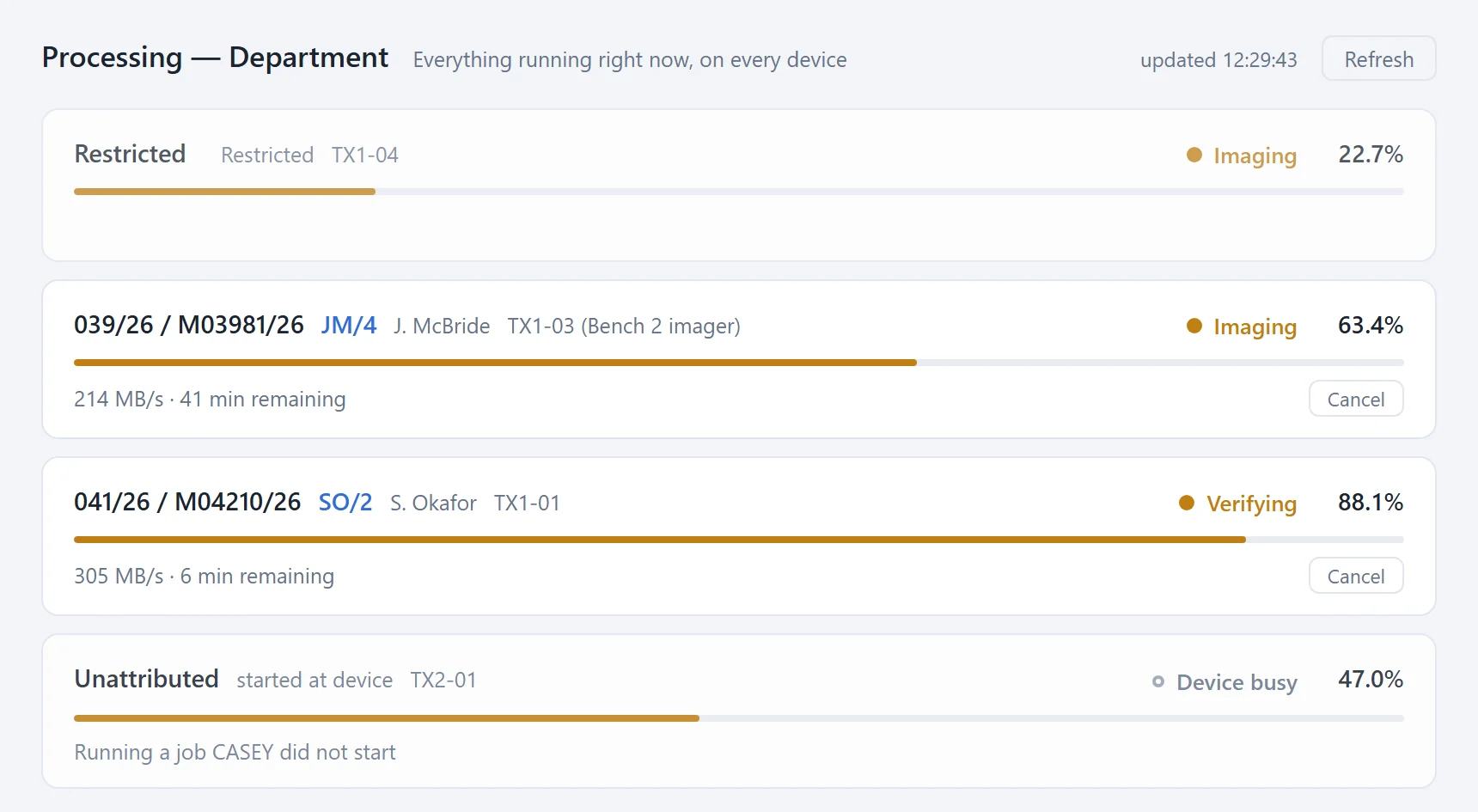 CASEY Processing view in the light theme with running and verifying imaging jobs